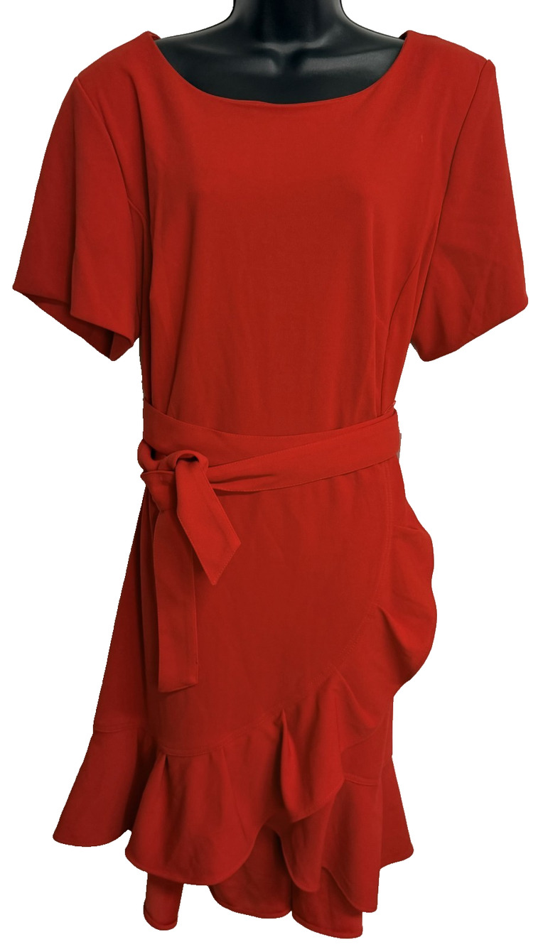 Calvin Klein Faux Wrap Dress Women's 22W Red Belted Ruffle Hem Scoop Neck NEW